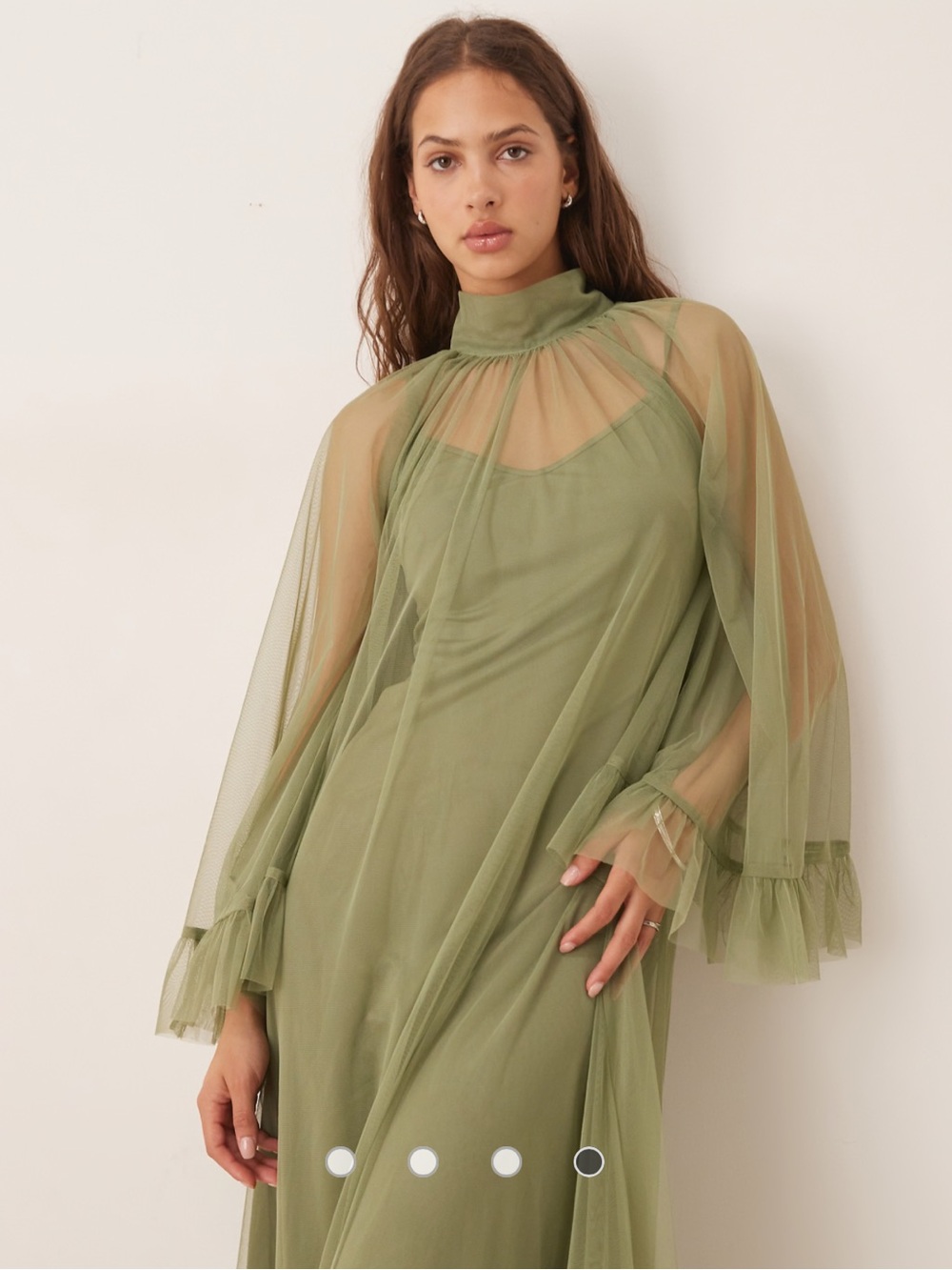 Lace & Beads Olive Green Maxi Mesh Dress with Ruffle Hem - Picture 5 of 7
